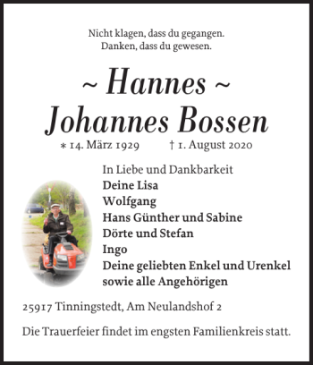 Traueranzeige von Hannes Johannes Bossen von Nordfriesland Tageblatt