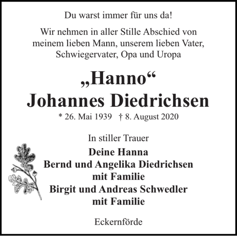  Traueranzeige für Hanno Johannes Diedrichsen vom 15.08.2020 aus Eckernförder Zeitung