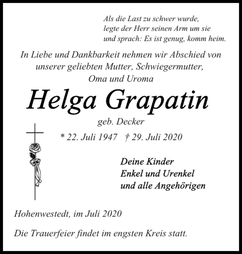  Traueranzeige für Helga Grapatin vom 01.08.2020 aus Landeszeitung