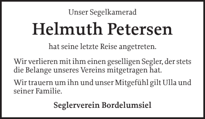  Traueranzeige für Helmuth Petersen vom 22.08.2020 aus Husumer Nachrichten