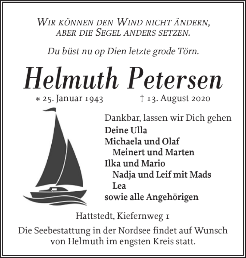  Traueranzeige für Helmuth Petersen vom 17.08.2020 aus Husumer Nachrichten