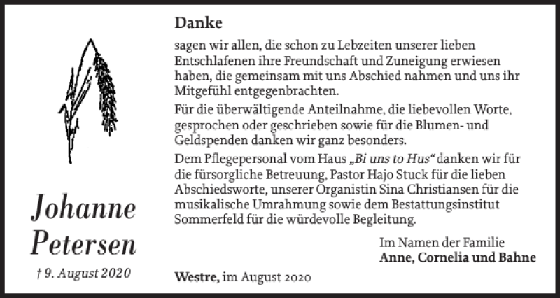  Traueranzeige für Johanne Petersen vom 29.08.2020 aus Nordfriesland Tageblatt