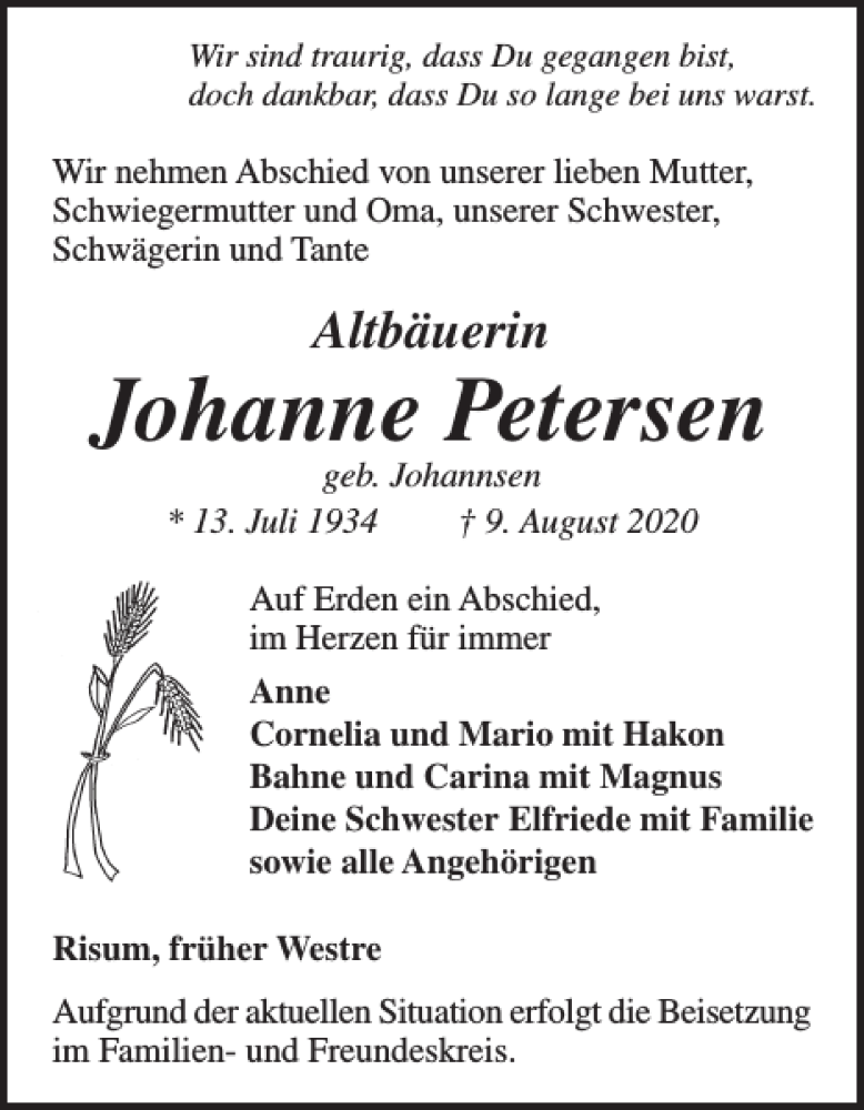  Traueranzeige für Johanne Petersen vom 12.08.2020 aus Nordfriesland Tageblatt
