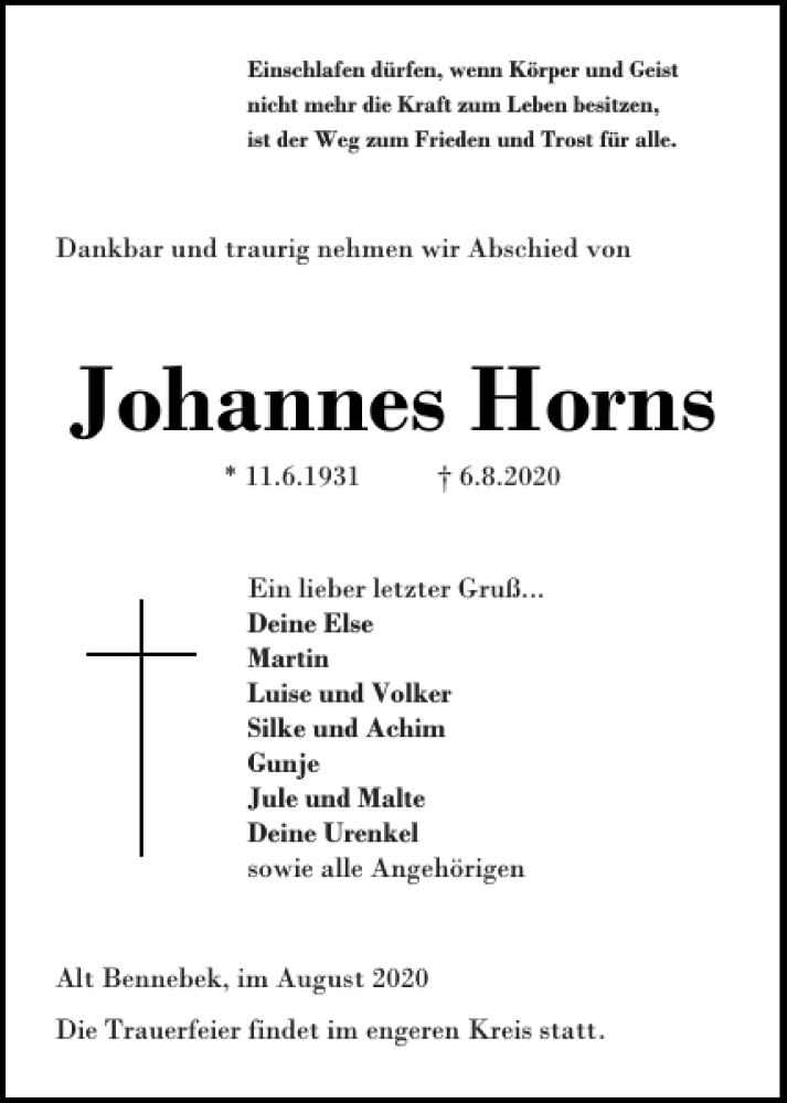 Traueranzeige für Johannes Horns vom 11.08.2020 aus Landeszeitung