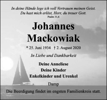 Traueranzeige von Johannes Mackowiak von Eckernförder Zeitung