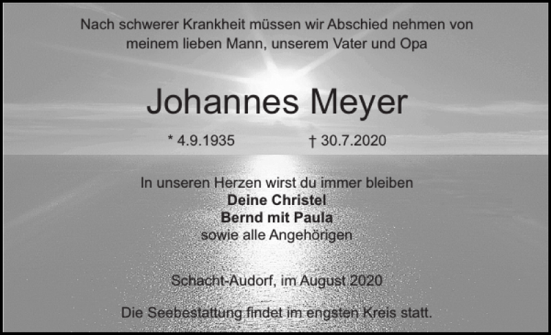  Traueranzeige für Johannes Meyer vom 12.08.2020 aus Landeszeitung