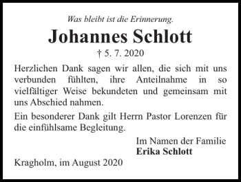 Traueranzeige von Johannes Schlott von Flensburger Tageblatt