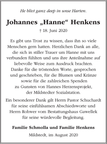 Traueranzeige von Johannes Hanne Henkens von Husumer Nachrichten