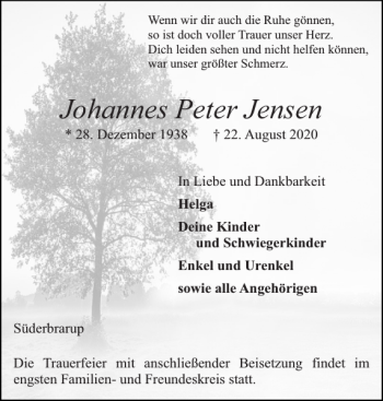 Traueranzeige von Johannes Peter Jensen von Schleswiger Nachrichten