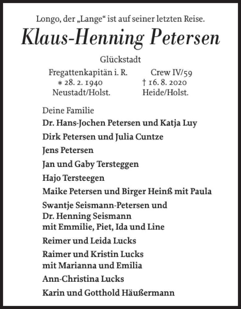  Traueranzeige für Klaus-Henning Petersen vom 29.08.2020 aus Norddeutsche Rundschau