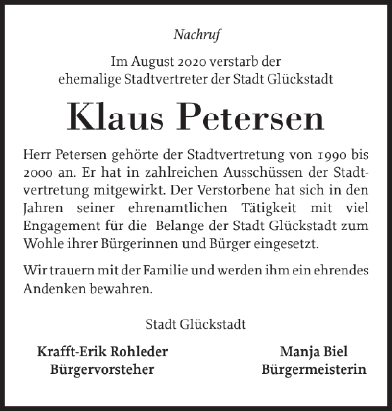  Traueranzeige für Klaus Petersen vom 27.08.2020 aus Norddeutsche Rundschau