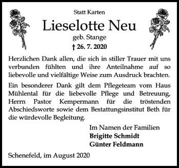 Traueranzeige von Lieselotte Neu von Norddeutsche Rundschau