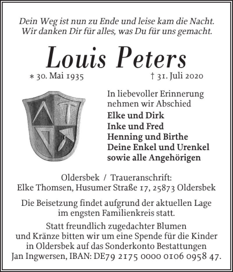  Traueranzeige für Louis Peters vom 03.08.2020 aus Husumer Nachrichten