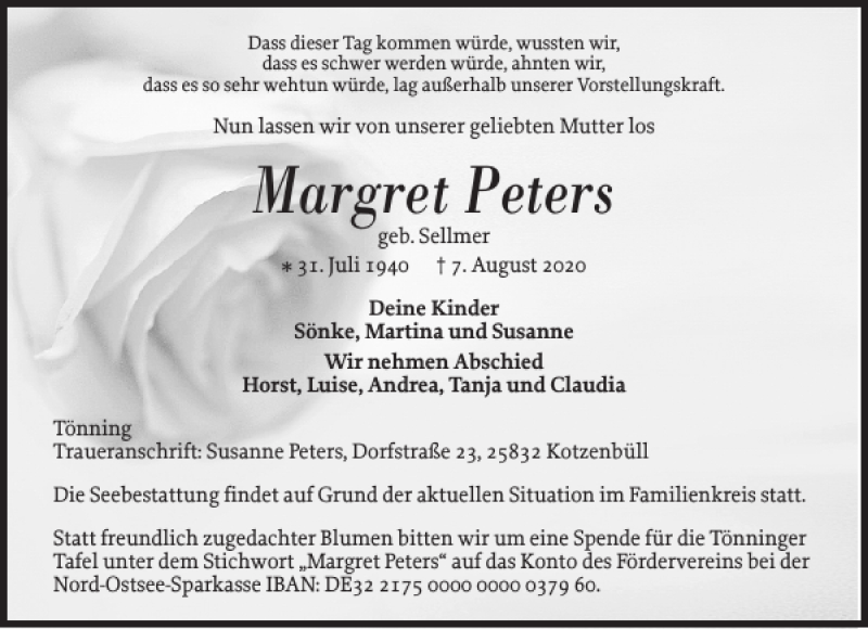  Traueranzeige für Margret Peters vom 15.08.2020 aus Husumer Nachrichten