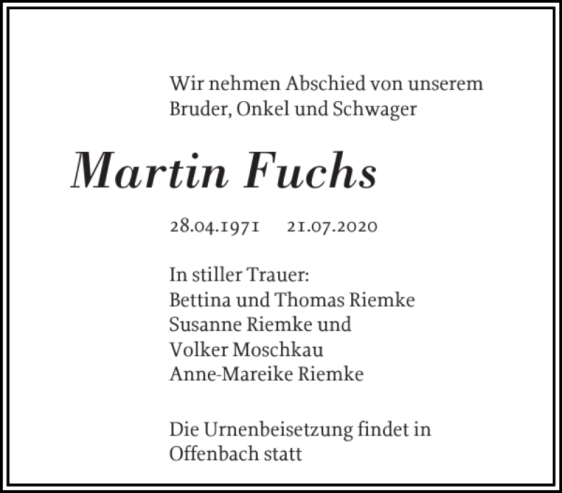  Traueranzeige für Martin Fuchs vom 08.08.2020 aus Flensburger Tageblatt