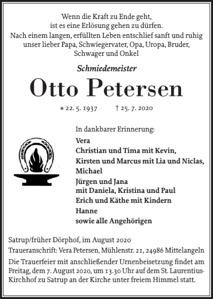  Traueranzeige für Otto Petersen vom 01.08.2020 aus Flensburger Tageblatt