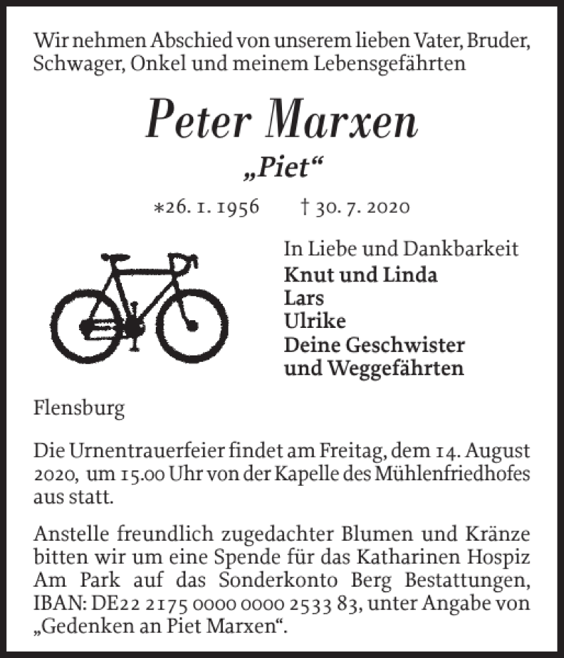  Traueranzeige für Peter Marxen vom 08.08.2020 aus Flensburger Tageblatt