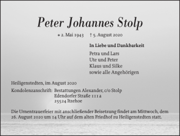 Traueranzeige von Peter Johannes Stolp von Norddeutsche Rundschau