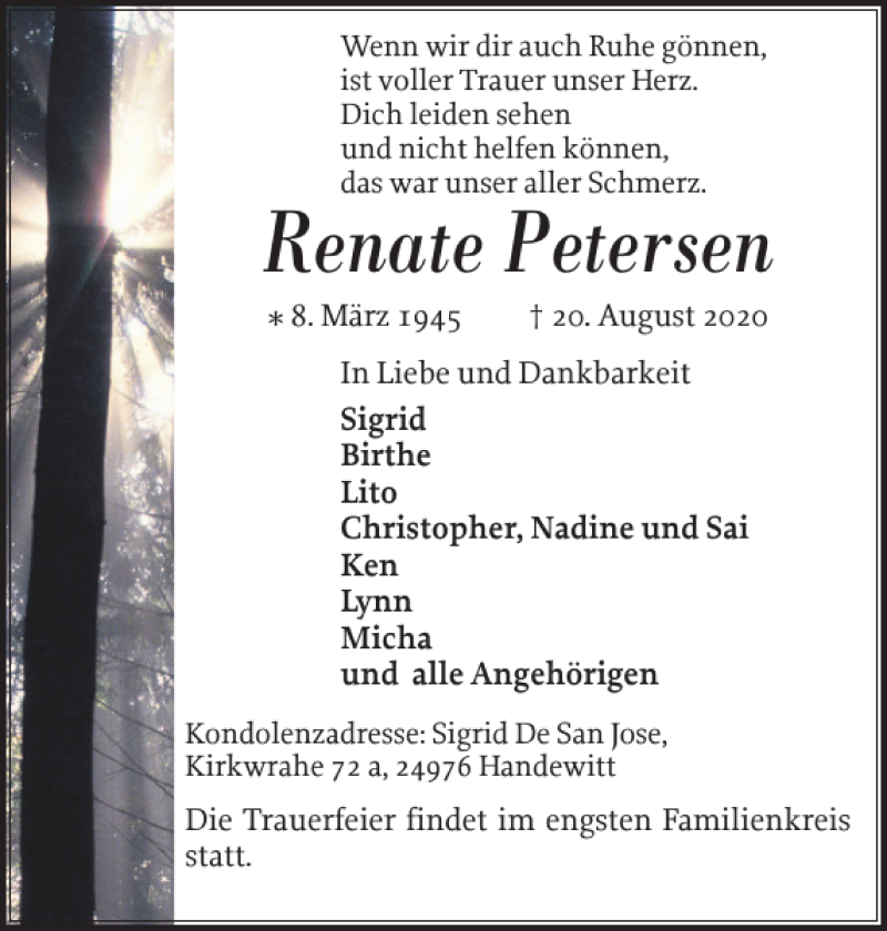  Traueranzeige für Renate Petersen vom 29.08.2020 aus Flensburger Tageblatt