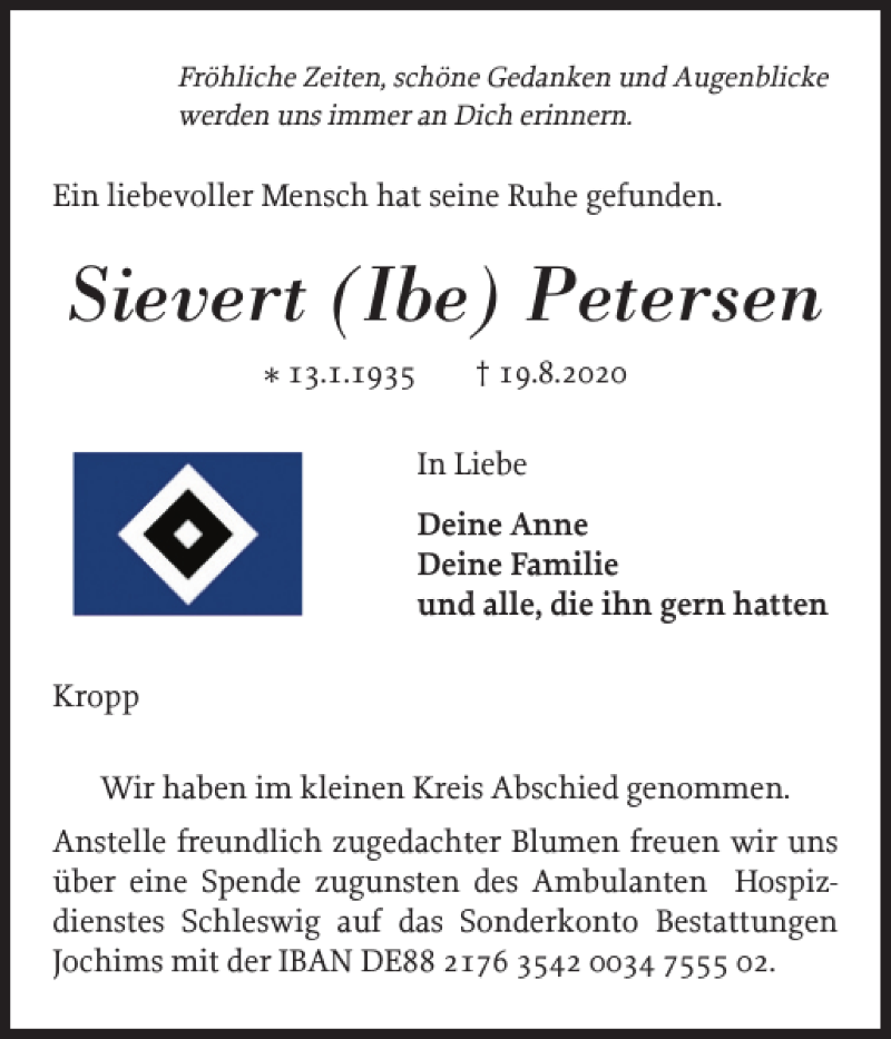  Traueranzeige für Sievert Ibe Petersen vom 29.08.2020 aus Flensburger Tageblatt
