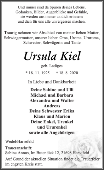 Traueranzeige von Ursula Kiel von Wedel-Schulauer Tageblatt