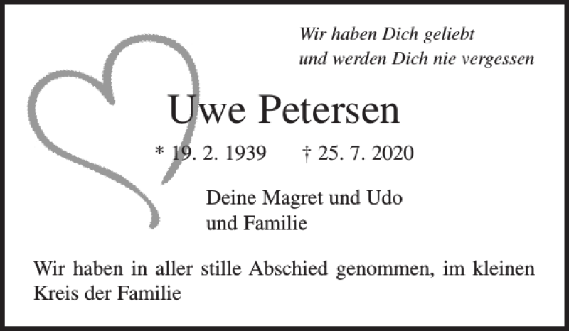  Traueranzeige für Uwe Petersen vom 15.08.2020 aus Pinneberger Tageblatt