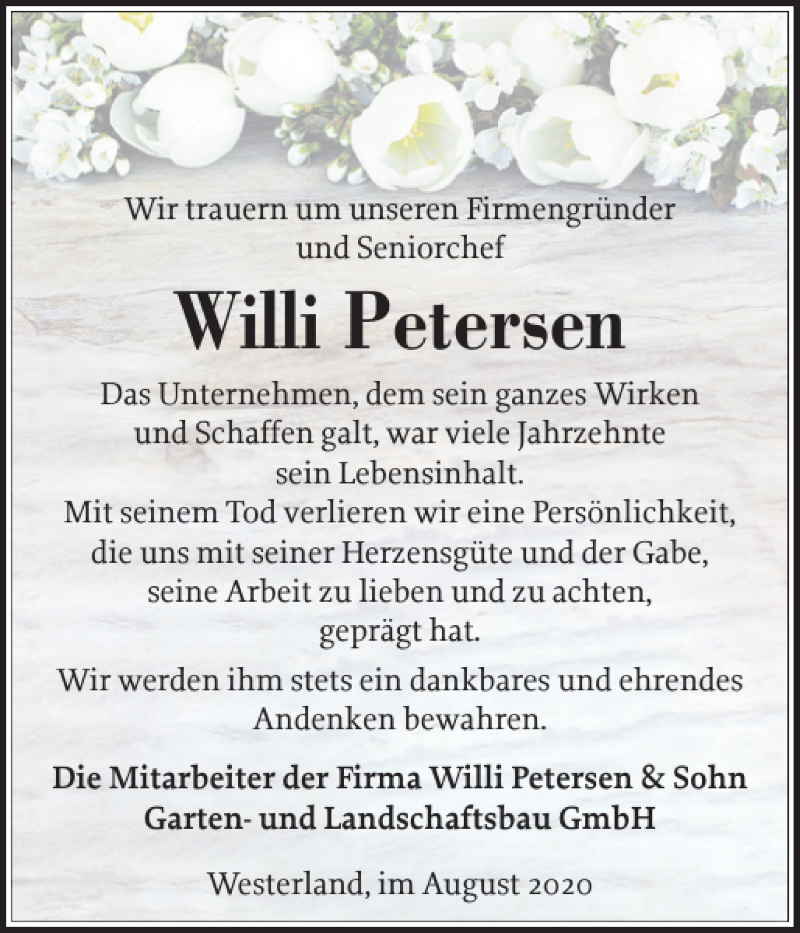  Traueranzeige für Willi Petersen vom 13.08.2020 aus Sylter Rundschau