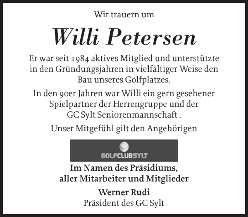  Traueranzeige für Willi Petersen vom 17.08.2020 aus Sylter Rundschau