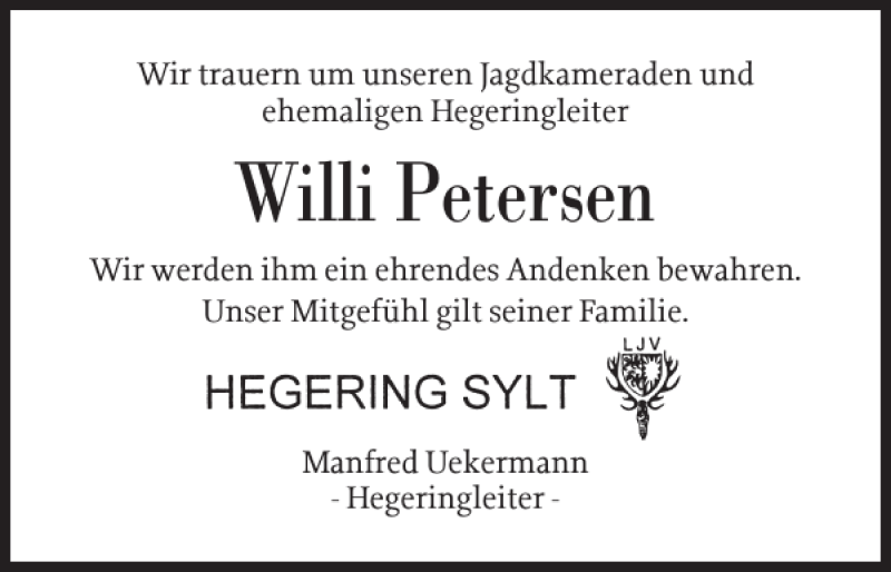  Traueranzeige für Willi Petersen vom 14.08.2020 aus Sylter Rundschau