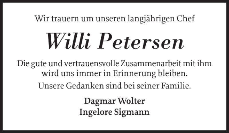  Traueranzeige für Willi Petersen vom 15.08.2020 aus Sylter Rundschau