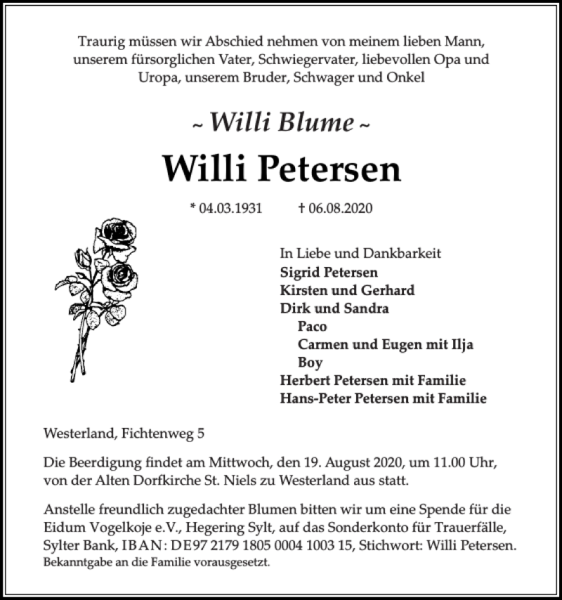  Traueranzeige für Willi Petersen vom 12.08.2020 aus Sylter Rundschau