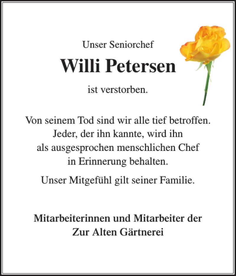  Traueranzeige für Willi Petersen vom 13.08.2020 aus Sylter Rundschau