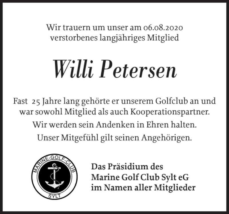  Traueranzeige für Willi Petersen vom 13.08.2020 aus Sylter Rundschau