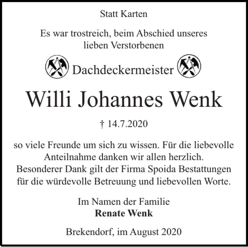  Traueranzeige für Willi Johannes Wenk vom 29.08.2020 aus Landeszeitung