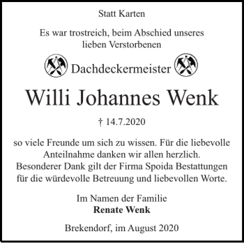Traueranzeige von Willi Johannes Wenk von Landeszeitung