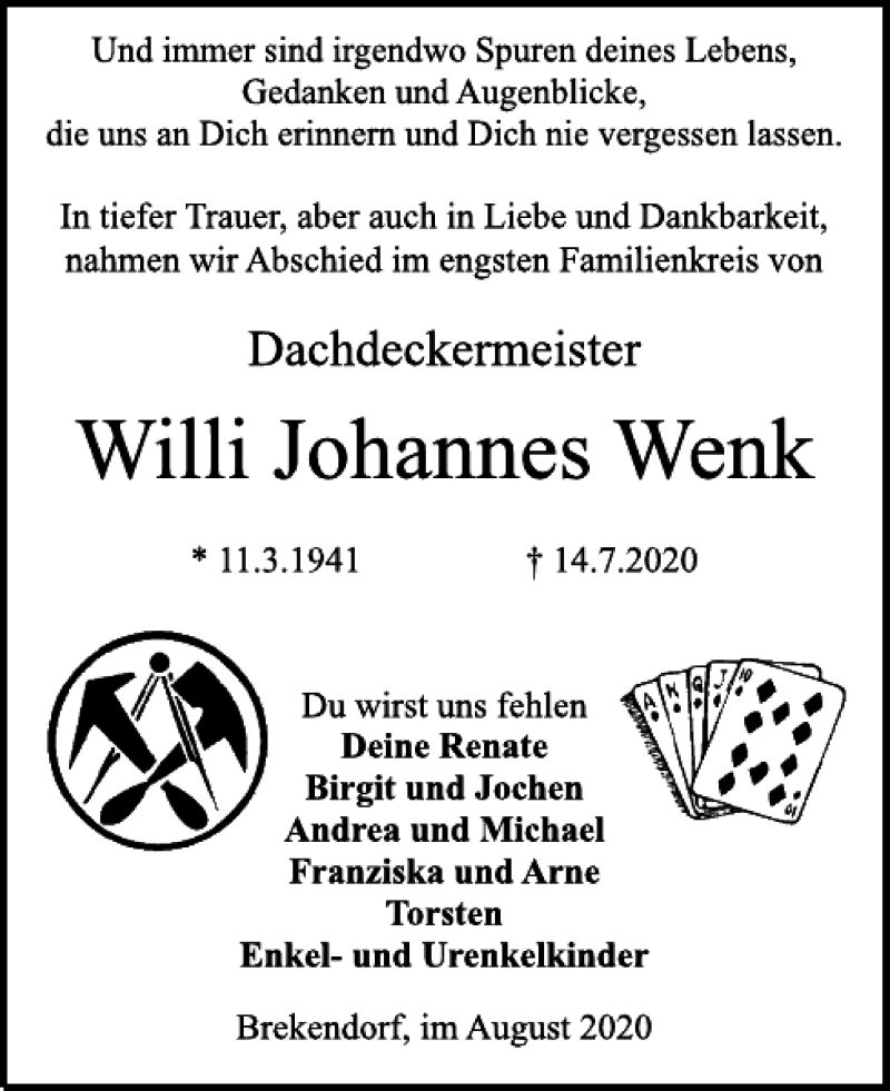  Traueranzeige für Willi Johannes Wenk vom 08.08.2020 aus Landeszeitung