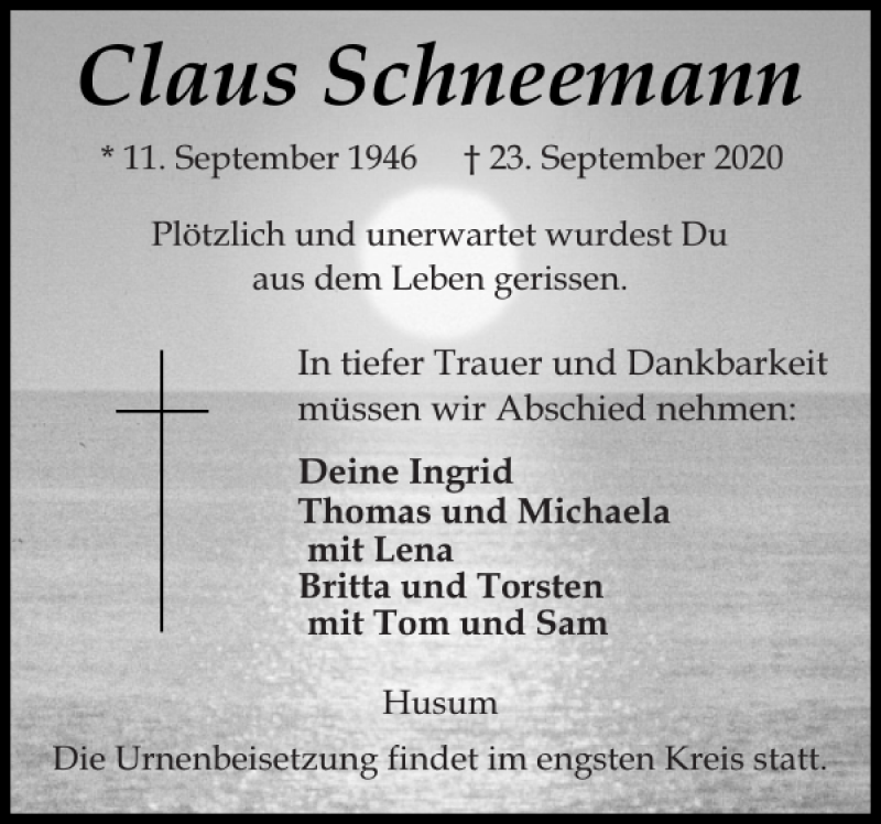  Traueranzeige für Claus Schneemann vom 30.09.2020 aus Husumer Nachrichten
