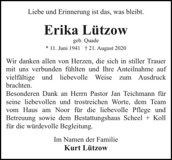 Traueranzeige von Erika Lützow von Eckernförder Zeitung
