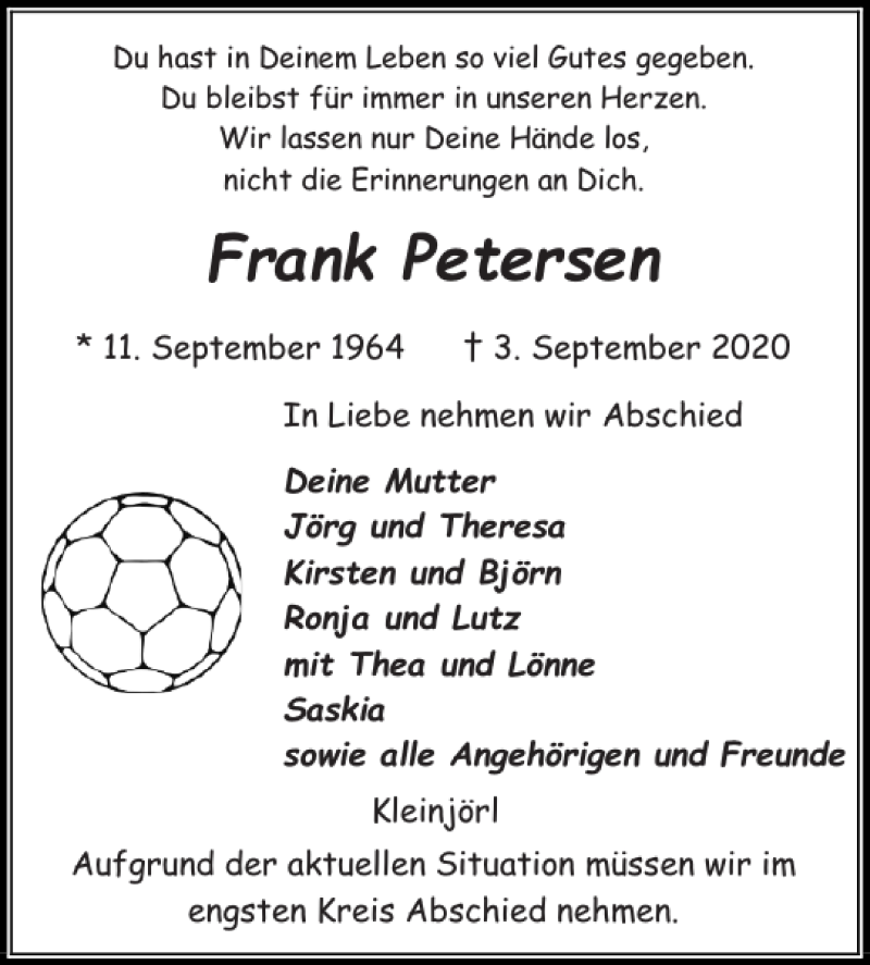  Traueranzeige für Frank Petersen vom 07.09.2020 aus Flensburger Tageblatt