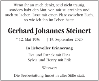 Traueranzeige von Gerhard Johannes Steinert von Husumer Nachrichten