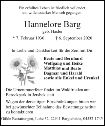 Traueranzeige von Hannelore Barg von Stormarner Tageblatt