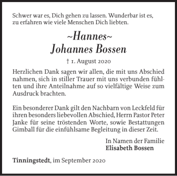 Traueranzeige von Hannes Johannes Bossen von Nordfriesland Tageblatt