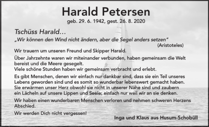  Traueranzeige für Harald Petersen vom 05.09.2020 aus Flensburger Tageblatt