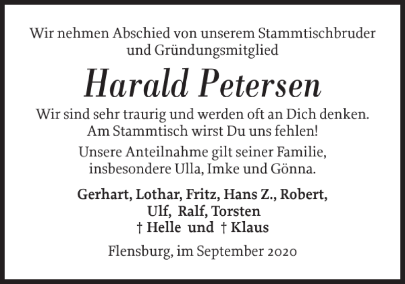  Traueranzeige für Harald Petersen vom 08.09.2020 aus Flensburger Tageblatt