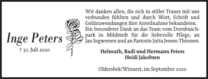 Traueranzeige für Inge Peters vom 05.09.2020 aus Husumer Nachrichten