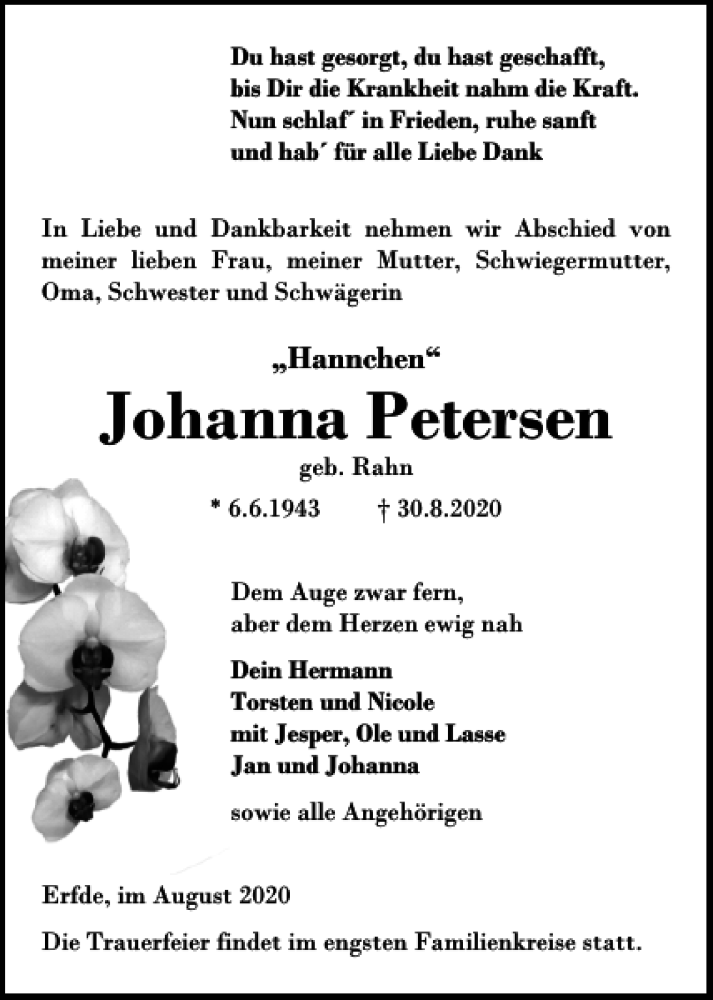  Traueranzeige für Johanna Petersen vom 02.09.2020 aus Landeszeitung