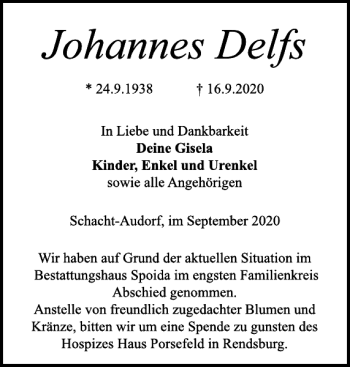Traueranzeige von Johannes Delfs von Landeszeitung