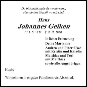 Traueranzeige von Johannes Geiken von Flensburger Tageblatt