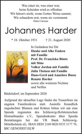 Traueranzeige von Johannes Harder von Landeszeitung