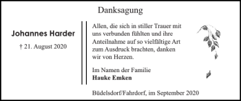 Traueranzeige von Johannes Harder von Landeszeitung